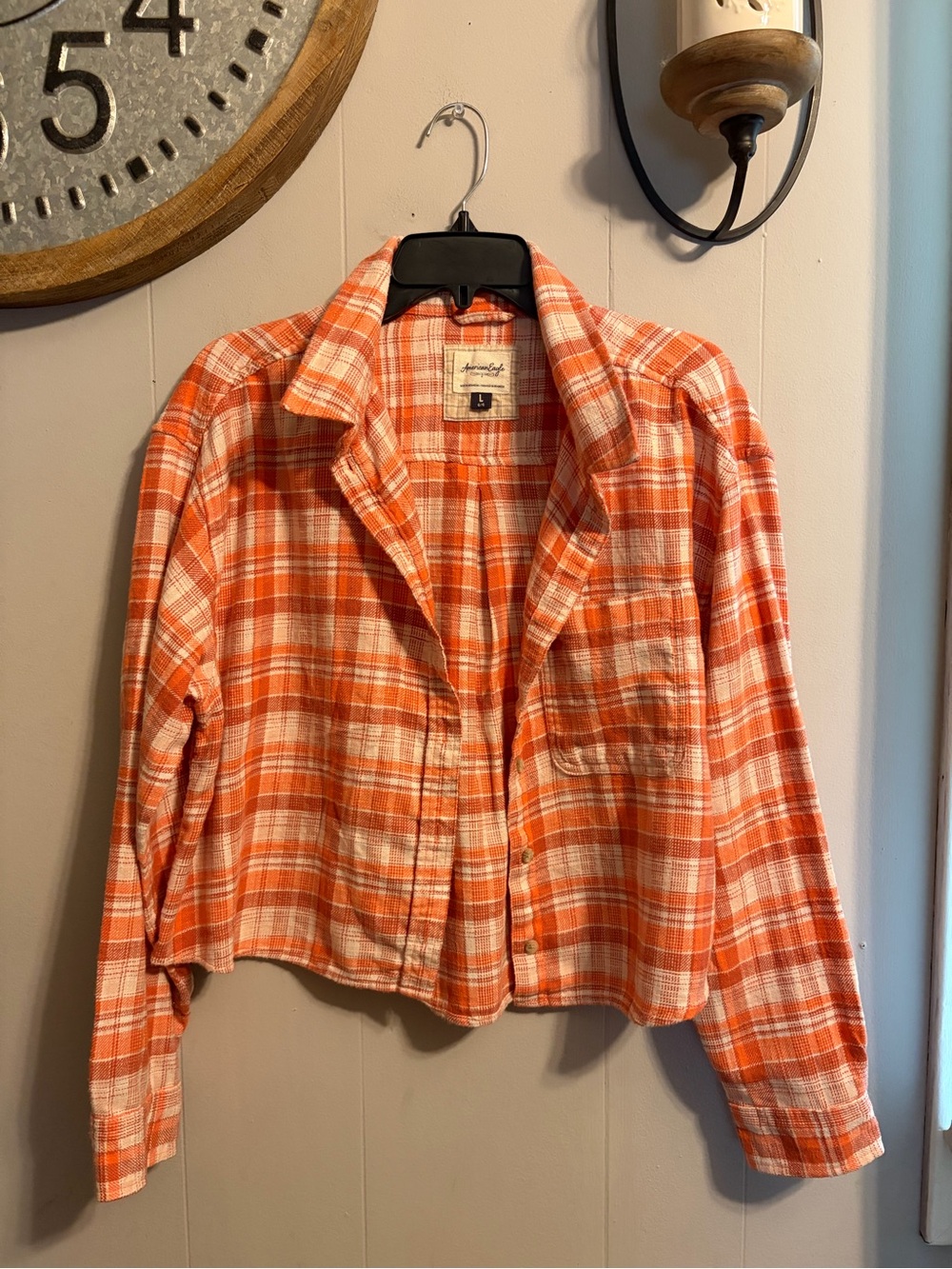 American Eagle Outfitters Orange & White Plaid Cropped Distressed Top